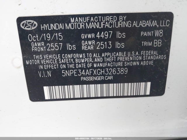 2016 Hyundai Sonata Sport მანქანა იყიდება აუქციონზე, vin: 5NPE34AFXGH326389, აუქციონის ნომერი: 45883164