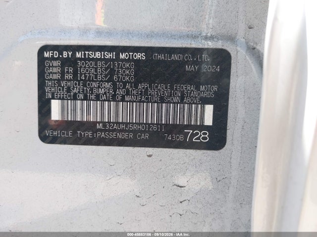 45883186 :رقم المزاد ، ML32AUHJ5RH012611 vin ، 2024 Mitsubishi Mirage Es/le مزاد بيع