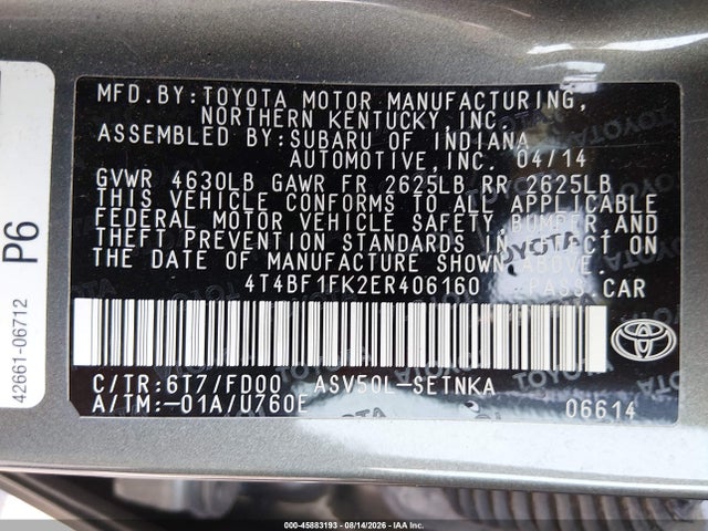 45883193 :رقم المزاد ، 4T4BF1FK2ER406160 vin ، 2014 Toyota Camry Le مزاد بيع