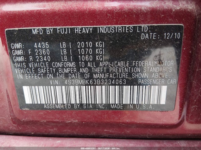 45883201 :رقم المزاد ، 4S3BMBK63B3234063 vin ، 2011 Subaru Legacy 2.5i Limited مزاد بيع