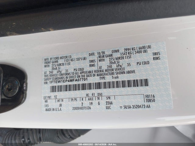 45883202 :رقم المزاد ، 1FTEW1EP4MFA07701 vin ، 2021 Ford F-150 Xl مزاد بيع
