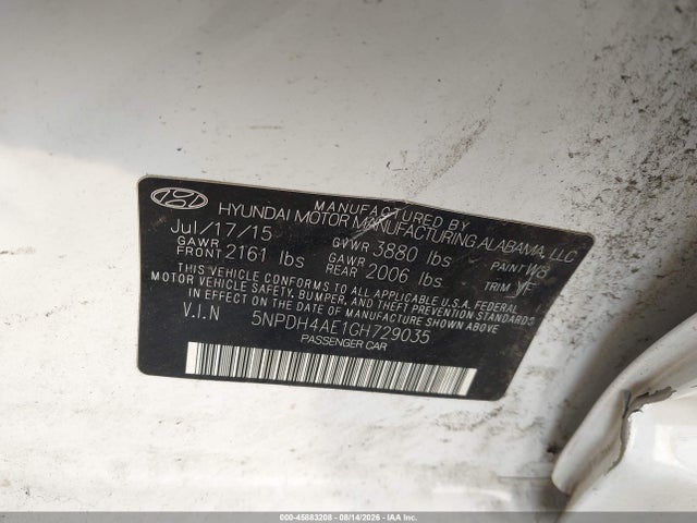 5NPDH4AE1GH729035 Hyundai ELANTRA SE