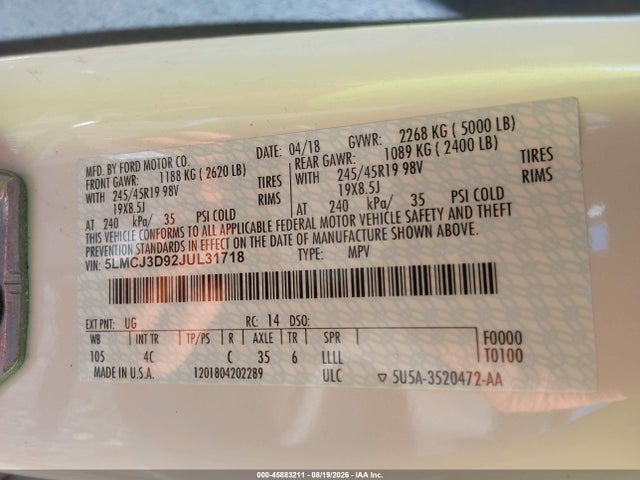 Aukcja sprzedaży 2018 Lincoln Mkc Reserve, vin: 5LMCJ3D92JUL31718, numer aukcji: 45883211