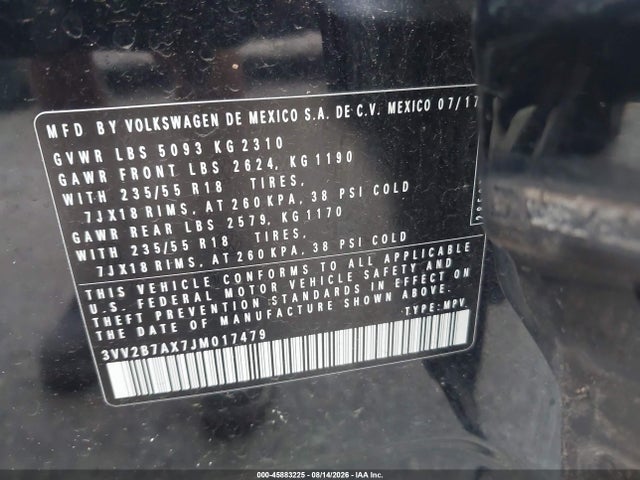 45883225 :رقم المزاد ، 3VV2B7AX7JM017479 vin ، 2018 Volkswagen Tiguan 2.0t Se/2.0t Sel مزاد بيع