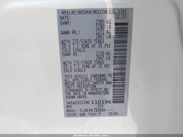 45883229 :رقم المزاد ، 5N1AZ2CS7RC110196 vin ، 2024 Nissan Murano Sl Intelligent Awd مزاد بيع