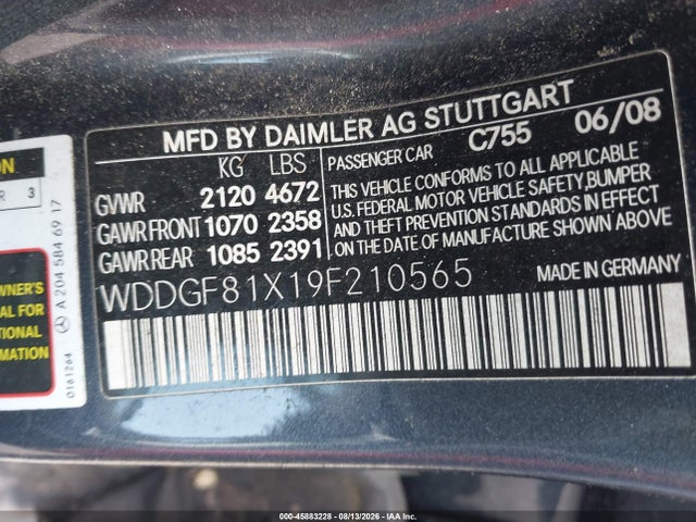 2009 Mercedes-benz C 300 Luxury 4matic/sport 4matic მანქანა იყიდება აუქციონზე, vin: WDDGF81X19F210565, აუქციონის ნომერი: 45883228
