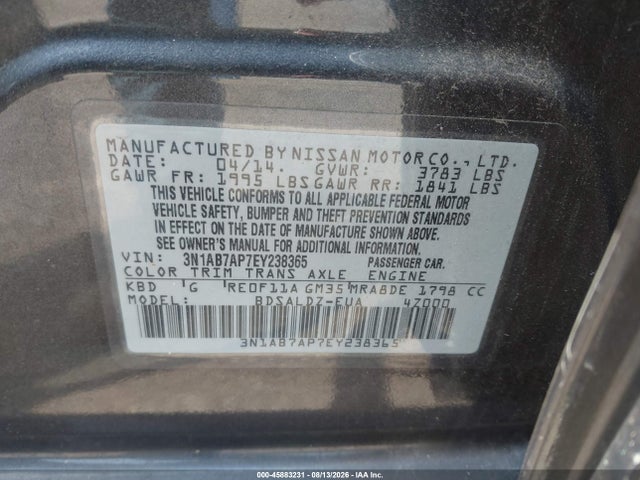 Aukcja sprzedaży 2014 Nissan Sentra Fe+ S/fe+ Sv/s/sl/sr/sv, vin: 3N1AB7AP7EY238365, numer aukcji: 45883231