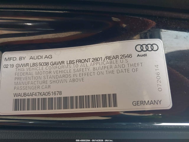 WAUB4AF47KA051678 Audi S4 3.0t Premium
