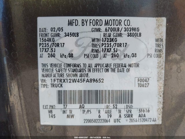 Aukcja sprzedaży 2005 Ford F-150 Stx/xl/xlt, vin: 1FTRX12W45FA89652, numer aukcji: 45883267