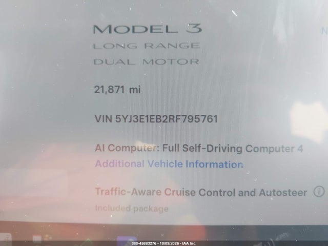 Aukcja sprzedaży 2024 Tesla Model 3 Long Range Dual Motor All-wheel Drive, vin: 5YJ3E1EB2RF795761, numer aukcji: 45883276