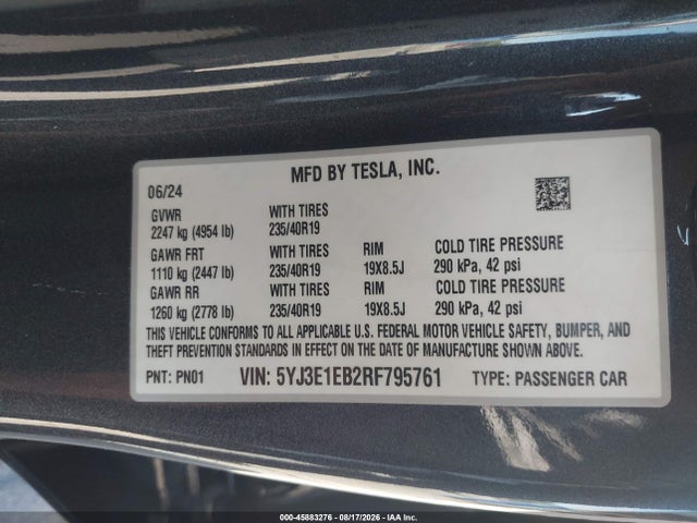Aukcja sprzedaży 2024 Tesla Model 3 Long Range Dual Motor All-wheel Drive, vin: 5YJ3E1EB2RF795761, numer aukcji: 45883276