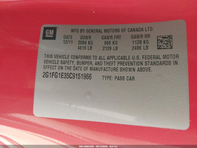 2012 Chevrolet Camaro 2lt მანქანა იყიდება აუქციონზე, vin: 2G1FG1E35C9151966, აუქციონის ნომერი: 45883286
