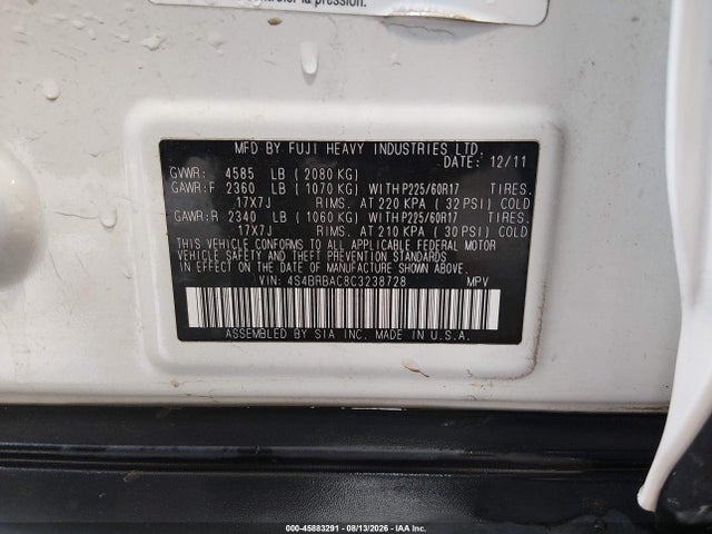 45883291 :رقم المزاد ، 4S4BRBAC8C3238728 vin ، 2012 Subaru Outback 2.5i مزاد بيع