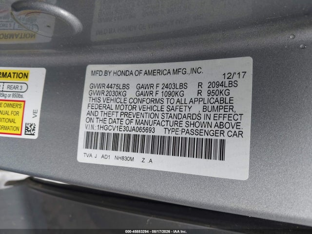 Продаж на аукціоні авто 2018 Honda Accord Sport, vin: 1HGCV1E30JA065693, номер лоту: 45883294