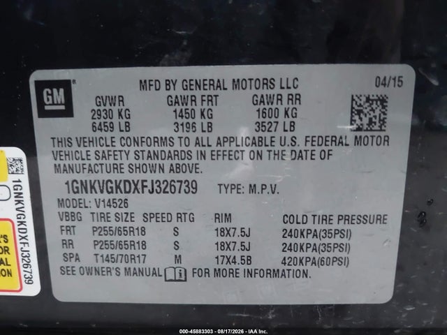 45883303 :رقم المزاد ، 1GNKVGKDXFJ326739 vin ، 2015 Chevrolet Traverse Lt مزاد بيع