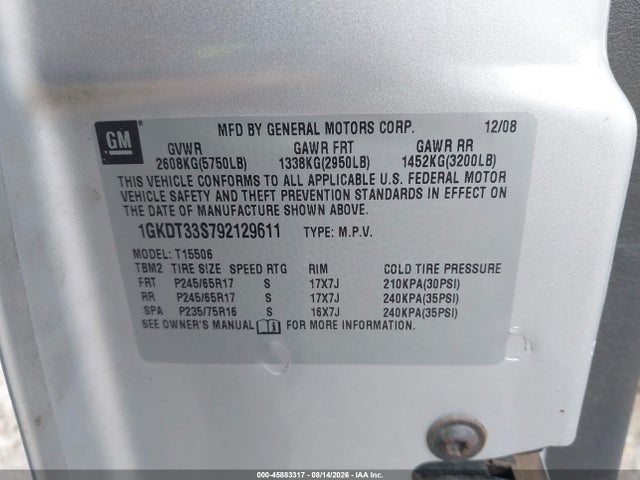 Продаж на аукціоні авто 2009 Gmc Envoy Sle, vin: 1GKDT33S792129611, номер лоту: 45883317