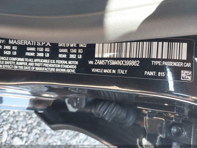 Продажа на аукционе авто 2022 Maserati Ghibli Modena, vin: ZAM57YSM4NX399862, номер лота: 45883331