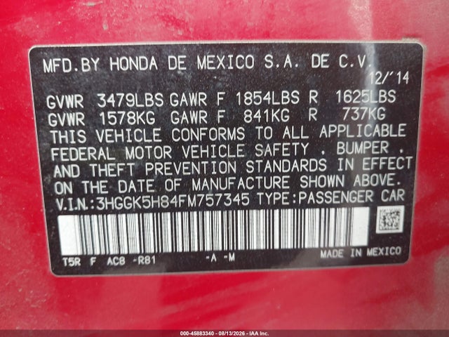 Продаж на аукціоні авто 2015 Honda Fit Ex/ex-l, vin: 3HGGK5H84FM757345, номер лоту: 45883340
