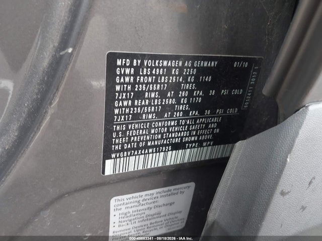 Продаж на аукціоні авто 2010 Volkswagen Tiguan Wolfsburg Edition, vin: WVGBV7AX4AW517925, номер лоту: 45883341