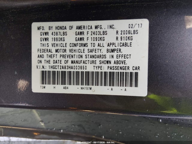 2017 Honda Accord Ex-l V6 მანქანა იყიდება აუქციონზე, vin: 1HGCT2A83HA003650, აუქციონის ნომერი: 45883347