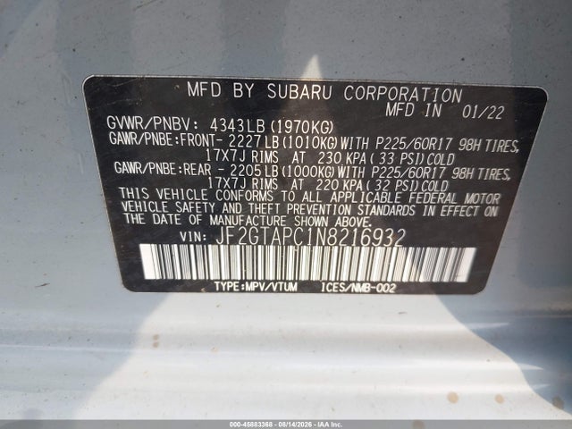 Продажа на аукционе авто 2022 Subaru Crosstrek Premium, vin: JF2GTAPC1N8216932, номер лота: 45883368