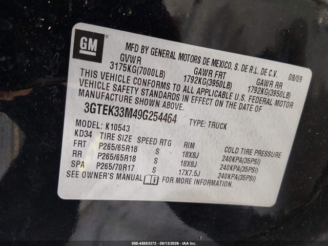 Aukcja sprzedaży 2009 Gmc Sierra 1500 Slt, vin: 3GTEK33M49G254464, numer aukcji: 45883372