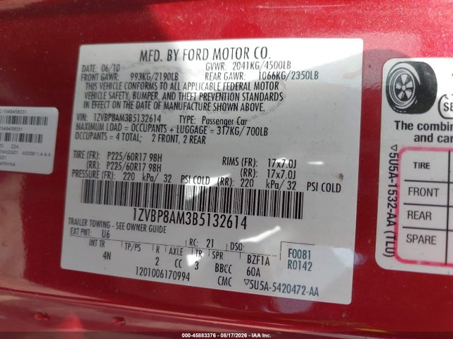 Продаж на аукціоні авто 2011 Ford Mustang V6 Premium, vin: 1ZVBP8AM3B5132614, номер лоту: 45883376