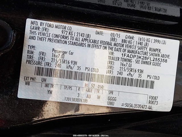 45883379 :رقم المزاد ، 1FADP3K28FL255358 vin ، 2015 Ford Focus Se مزاد بيع