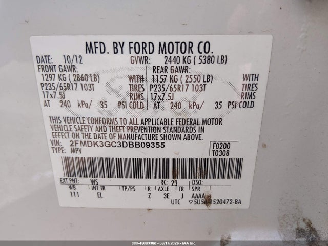 2013 Ford Edge Se მანქანა იყიდება აუქციონზე, vin: 2FMDK3GC3DBB09355, აუქციონის ნომერი: 45883380