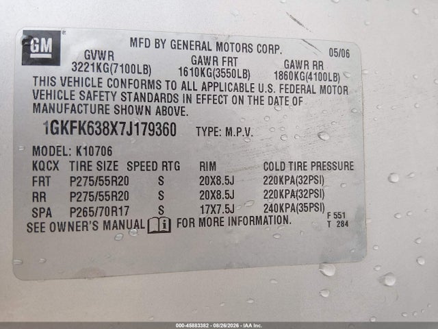Aukcja sprzedaży 2007 Gmc Yukon Denali, vin: 1GKFK638X7J179360, numer aukcji: 45883382