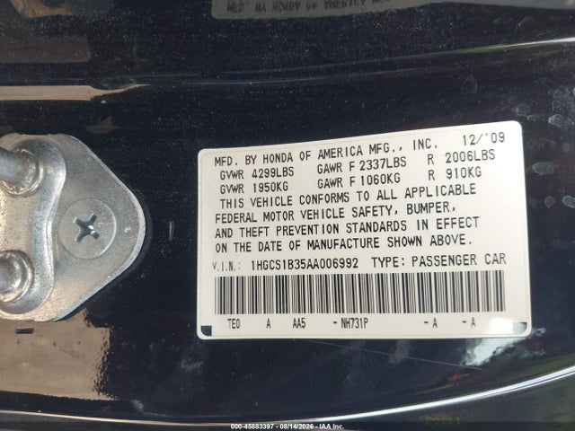45883397 :رقم المزاد ، 1HGCS1B35AA006992 vin ، 2010 Honda Accord 2.4 Lx-s مزاد بيع