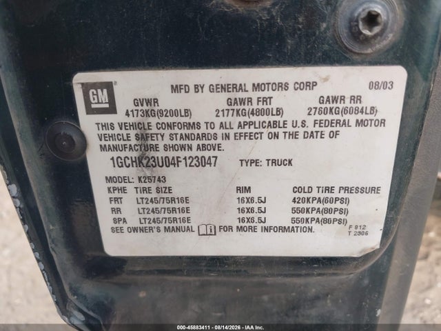 2004 Chevrolet Silverado 2500hd Ls მანქანა იყიდება აუქციონზე, vin: 1GCHK23U04F123047, აუქციონის ნომერი: 45883411