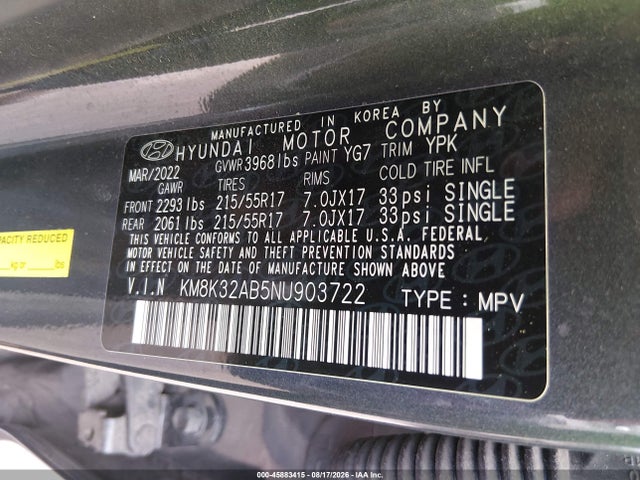 Aukcja sprzedaży 2022 Hyundai Kona Sel, vin: KM8K32AB5NU903722, numer aukcji: 45883415