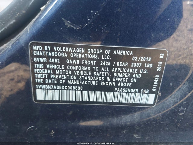 Aukcja sprzedaży 2013 Volkswagen Passat 2.0l Tdi Se, vin: 1VWBN7A35DC098536, numer aukcji: 45883417