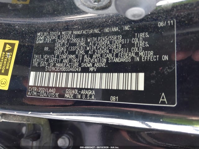 Продажа на аукционе авто 2011 Toyota Highlander Limited V6, vin: 5TDYK3EH9BS046049, номер лота: 45883427