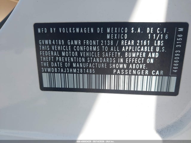 2017 Volkswagen Jetta 1.4t Se მანქანა იყიდება აუქციონზე, vin: 3VWDB7AJ3HM281485, აუქციონის ნომერი: 45883429