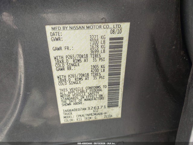2010 Nissan Titan Se მანქანა იყიდება აუქციონზე, vin: 1N6BA0ED7AN326171, აუქციონის ნომერი: 45883444