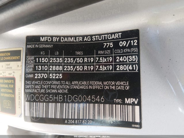 2013 Mercedes-benz Glk 350 მანქანა იყიდება აუქციონზე, vin: WDCGG5HB1DG004546, აუქციონის ნომერი: 45883457