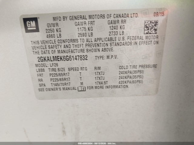Продаж на аукціоні авто 2016 Gmc Terrain Sle-1, vin: 2GKALMEK6G6147832, номер лоту: 45883504