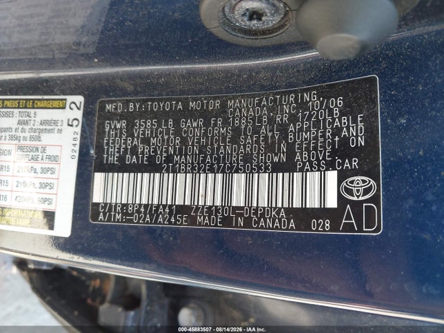 Продажа на аукционе авто 2007 Toyota Corolla Ce, vin: 2T1BR32E17C750533, номер лота: 45883507