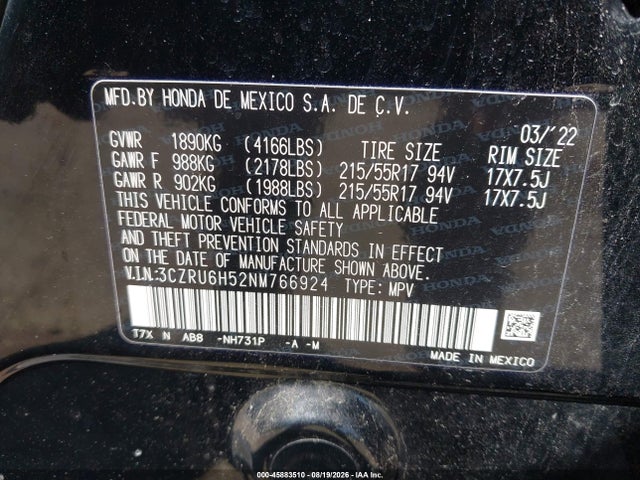 2022 Honda Hr-v Awd Ex მანქანა იყიდება აუქციონზე, vin: 3CZRU6H52NM766924, აუქციონის ნომერი: 45883510
