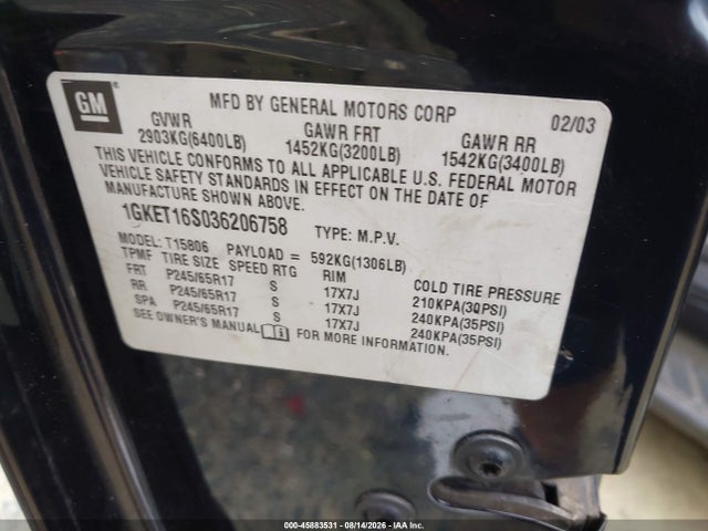 45883531 :رقم المزاد ، 1GKET16S036206758 vin ، 2003 Gmc Envoy Xl Sle مزاد بيع