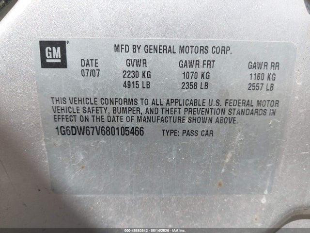 45883542 :رقم المزاد ، 1G6DW67V680105466 vin ، 2008 Cadillac Sts Rwd W/1sa مزاد بيع