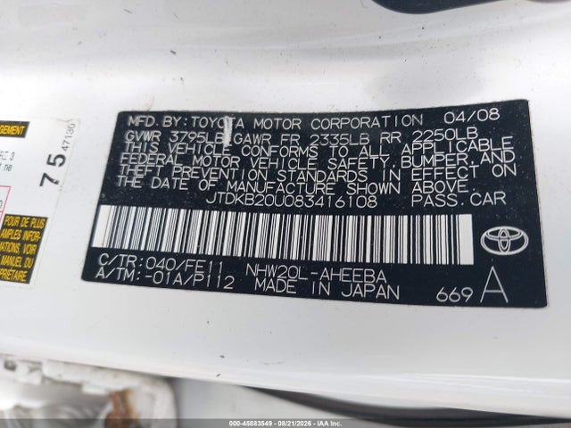 45883549 :رقم المزاد ، JTDKB20U083416108 vin ، 2008 Toyota Prius مزاد بيع