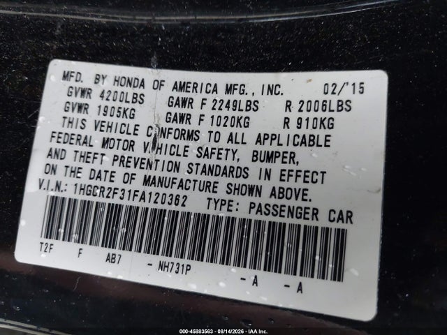 Aukcja sprzedaży 2015 Honda Accord Lx, vin: 1HGCR2F31FA120362, numer aukcji: 45883563