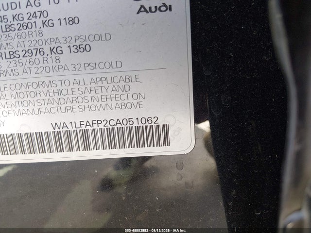 45883583 :رقم المزاد ، WA1LFAFP2CA051062 vin ، 2012 Audi Q5 2.0t Premium مزاد بيع