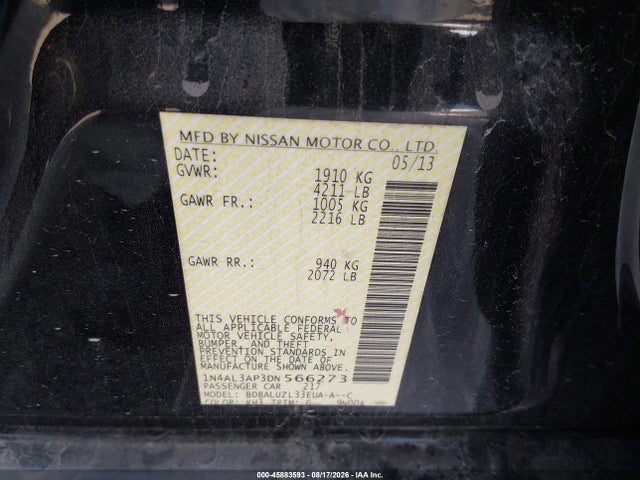 2013 Nissan Altima 2.5 Sv მანქანა იყიდება აუქციონზე, vin: 1N4AL3AP3DN566273, აუქციონის ნომერი: 45883593