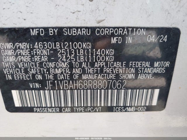 Auction sale of the 2024 Subaru Wrx Premium, vin: JF1VBAH68R8807062, lot number: 45883600