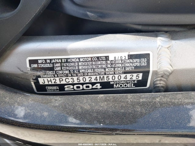 Aukcja sprzedaży 2004 Honda Cbr600 F4, vin: JH2PC35024M500425, numer aukcji: 45883603