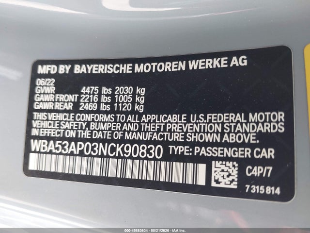Продаж на аукціоні авто 2022 Bmw 430i, vin: WBA53AP03NCK90830, номер лоту: 45883604